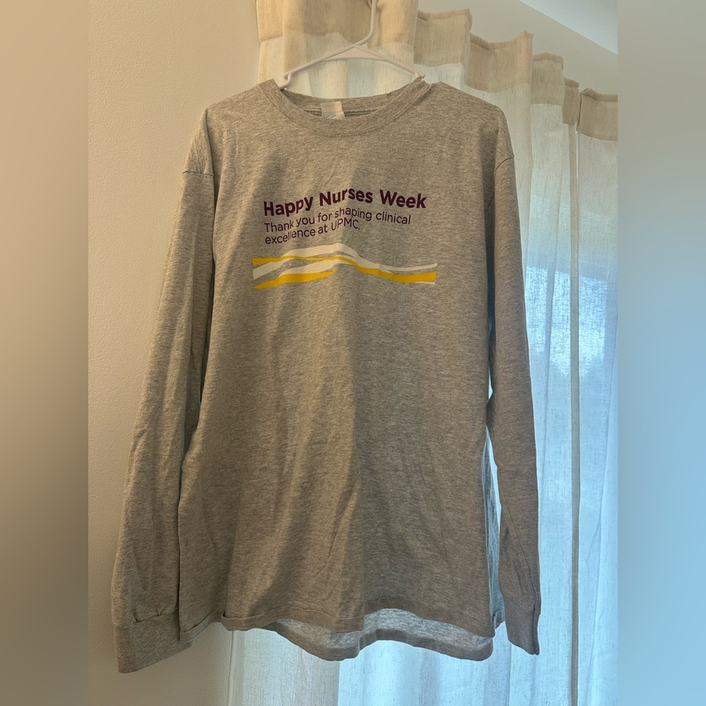 Hanes Gray Long Sleeve Tee with Purple and Yellow Print